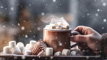 Generative AI : Female hands holding a cup of hot chocolate with marshmallowsの素材