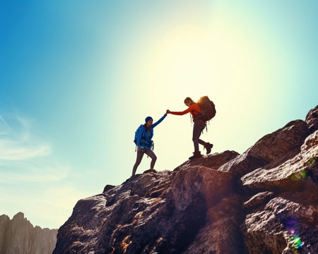 Generative AI : Couple of hikers helping each other climbing a mountain at sunset People giving a helping hand and active sport conceptの素材