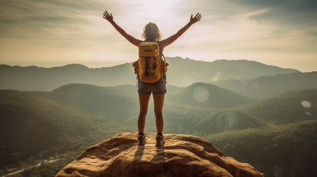 Generative AI : Hiker woman with backpack standing on the top of the mountain  Happy climber enjoying freedom  Inspirational photo with successful person winning challengeの素材