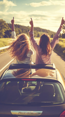 Generative AI : Group of happy friends having fun with hands up on a convertible car at roadtrip Concept about transport rental cars people and lifestyleの素材