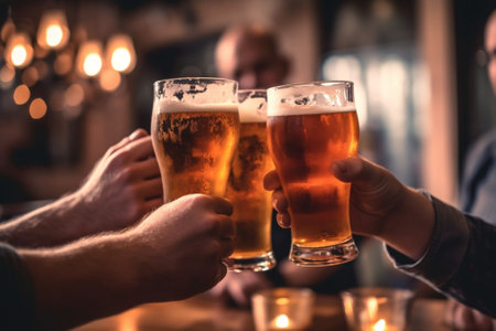 Generative AI : Group of friends enjoying a beer in a pub  Close up on hands toasting on a wood table at bar restaurantの素材