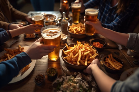 Generative AI : Friends cheering beer glasses on wooden table covered with delicious food  Top view of people having dinner party at bar restaurant  Food and beverage lifestyle conの素材