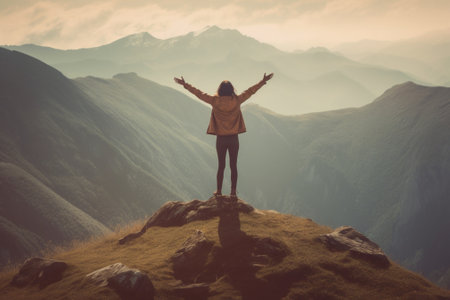 Generative AI : Happy female hiker standing on a cliff with her arms up in the air feeling free Active healty conceptの素材