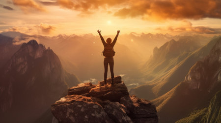 Generative AI : Hikers with arms up celebrating success on the top of a mountain at sunset  Couple hiking rock  Success teamwork and sport conceptの素材
