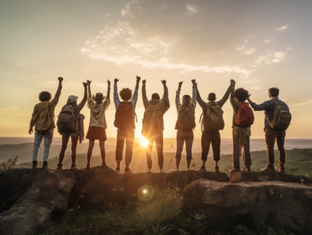 Generative AI : Group of people standing on the top of the mountain  Happy friends with backpacks having trekking weekend together  Sport travel and hike conceptの素材