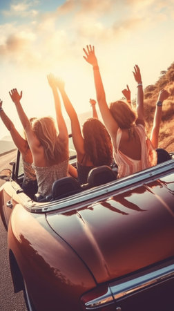 Generative AI : Group of happy friends having fun with hands up on a convertible car at roadtrip Concept about transport rental cars people and lifestyleの素材