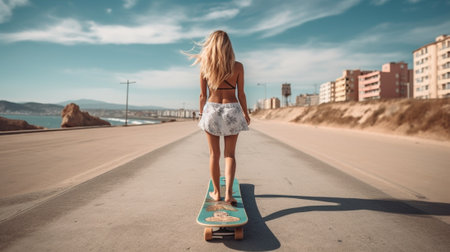 Generative AI : Girl is playing with her skateboard at the beach  Concept about people sport nature and lifestyleの素材