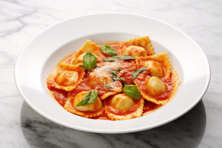 Generative AI : Fresh homemade ravioli pasta with tomato and parsleyの素材
