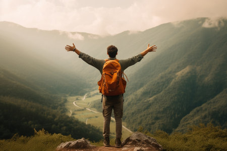 Generative AI : Hiker with arms up standing on the top of the mountain  Successful man enjoying triumph  Sport and success conceptの素材