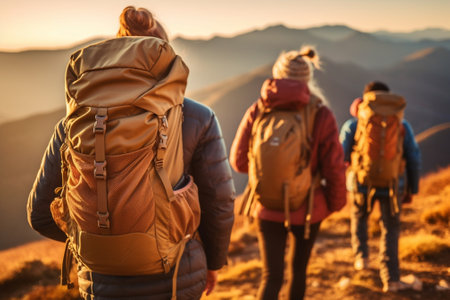 Generative AI : Group of hikers walking in the forest at sunset  Friends doing an excursion day on a mountain  Close up on legsの素材