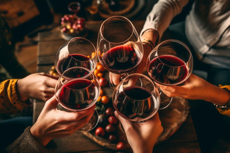 Generative AI : Friends toasting with wine at restaurant View from aboveの素材