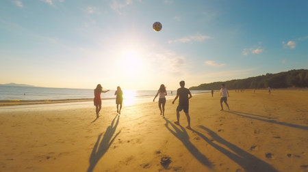 Generative AI : Group of multiracial people is playing togheter at the beach  people nature and lifestyle conceptの素材