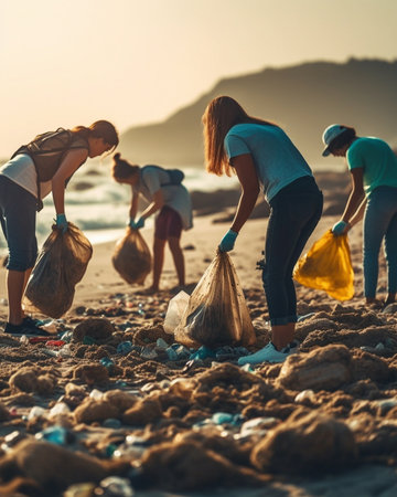 Generative AI : Group of eco volunteers picking up plastic trash on the beach  Activist people collecting garbage protecting the planet  Ocean pollution environmental conservationの素材