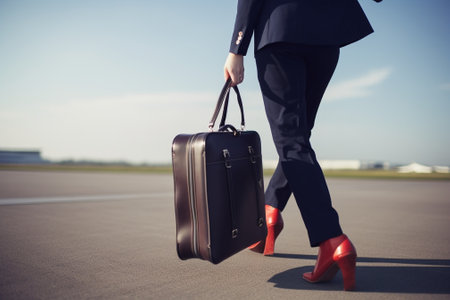 Generative AI : Close up of legs of a woman at vacation walking on the road holding her suitcase on a countryside backgroundの素材