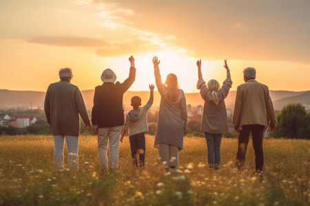 Generative AI : Family holding hands on a hill at sunset  Insurance organ donation world heart day happy volunteer charity and responsibility conceptの素材