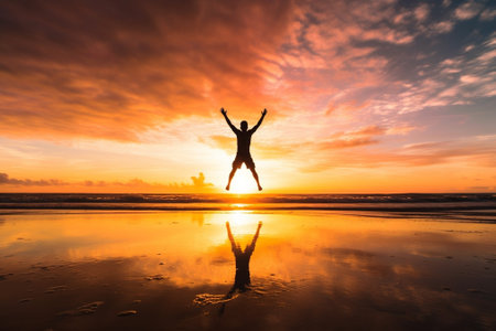 Generative AI : Happy man jumping at the beach on a sunset background Happiness and freedom conceptの素材