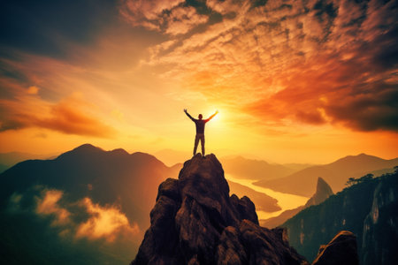 Generative AI : Man standing on a ledge of a mountain enjoying the beautiful sunsetの素材