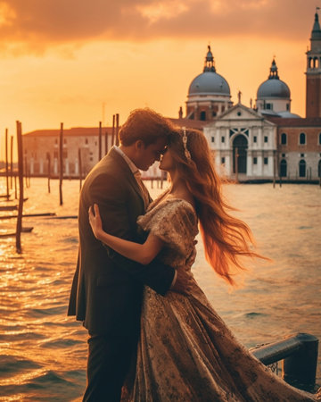 Generative AI : Romantic couple in love kissing outdoor at sunset  Boyfriend and girlfriend visiting Venice Italy  People love and travel conceptの素材