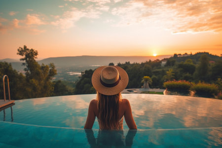 Generative AI : Relax and spa concept Woman with a hat relaxing in a pool towards the mountain in Baliの素材