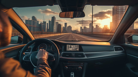 Generative AI : Rear view of man driving car on the highway  Transportation lifestyle conceptの素材