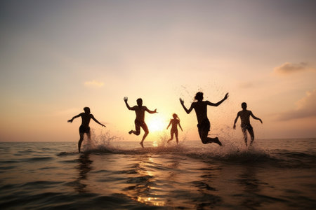 Generative AI : Group of happy people jumping in the sea at sunsetの素材