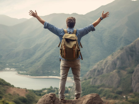 Generative AI : Happy man with open arms standing on the top of mountain  Hiker with backpack celebrating success outdoor  People success and sport conceptの素材