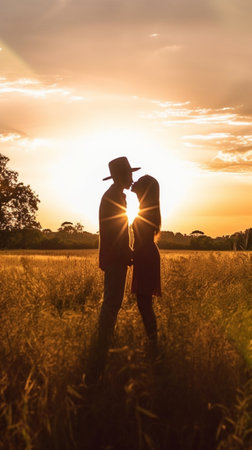 Generative AI : Loving couple kissing outdoor at sunset  Concept about people love and lifestyleの素材