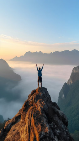 Generative AI : Hiker standing on the cliff mountain pointing the sky with finger  Successful man on the top of the hill at sunsetの素材