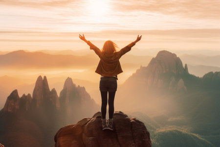 Generative AI : Image of a young successful woman hiker open arms on mountain peakの素材