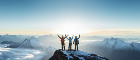 Generative AI : Inspiration and trekking concept Group of hikers climbing a mountain at vacation Hiker man standing at the top of the volcano looking the panoramaの素材
