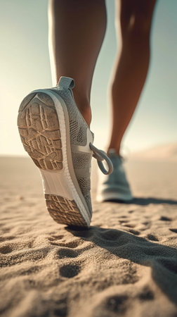 Generative AI : Runner woman walking at the beachClose up on the feet concept about training and fitnessの素材