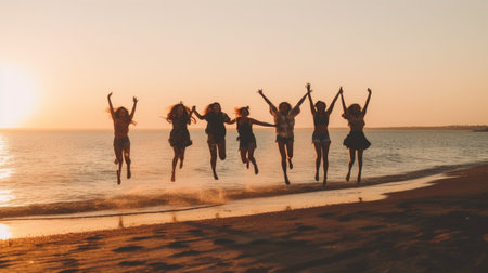 Generative AI : Group of multiracial friends dancing limbo at beachの素材