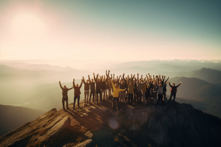 Generative AI : Millenial friends taking selfie on the top of the mountain  Young people on a hiking trip celebrate reaching the summit  Hikers climbing cliff togetherの素材