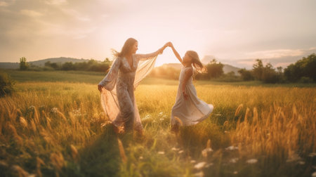 Generative AI : Hands of mother and daughter holding each other on field  Mom leads her little girl in the nature outdoor  Trust and family conceptの素材