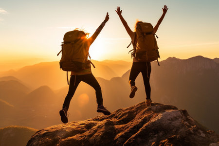 Generative AI : Hikers with backpack jumping with arms up on top of the mountain  Couple of travelers enjoying adventure journey  Travel sport family and healthy lifestyle conceptの素材