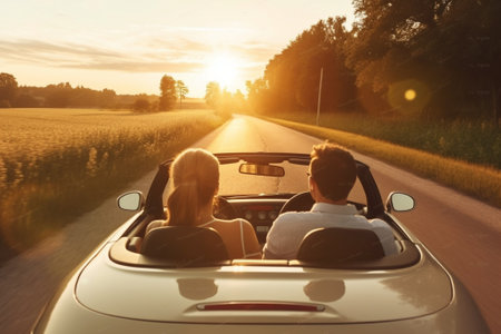 Generative AI : Happy couple driving on the road into the sunset in a sports carの素材
