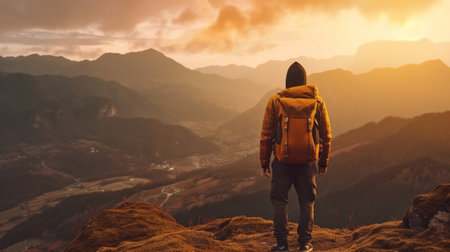 Generative AI : Man with backpack on the top of the mountain at sunset  Hiker climbing outdoors  Success sport and personal growth conceptの素材