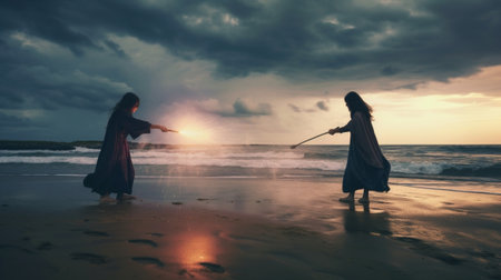 Generative AI : Maartial arts fight between master and his pupil at the beach during the sunrise concept about people lifestyle and sportの素材