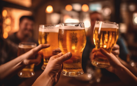 Generative AI : Group of people enjoying and toasting a beer in brewery pub  Friendship concept with young people having fun togetherの素材