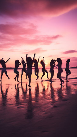 Generative AI : Happy young teens dancing at the beach on beautiful summer sunset  caucasian peopleの素材