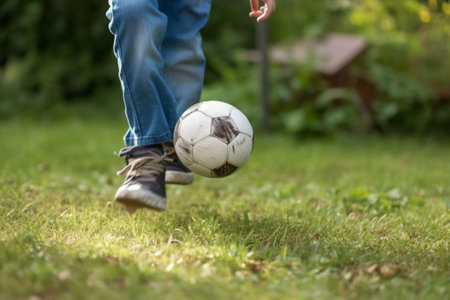 Generative AI : Kid kicking football ball while playing with his family  Active family having fun outdoors enjoying leisure time  Childhood and happy lifestyle conceptの素材