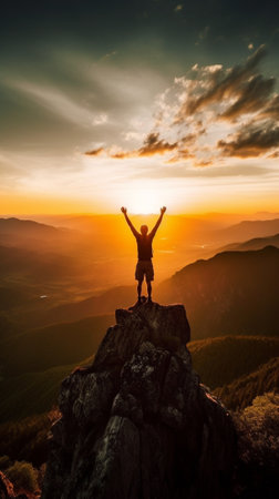 Generative AI : Man standing on a ledge of a mountain enjoying the beautiful sunsetの素材
