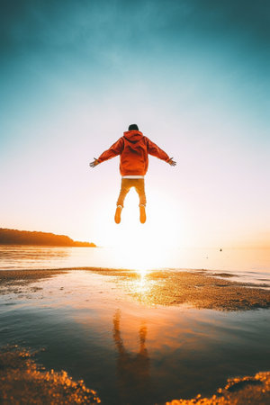 Generative AI : Happy man jumping at the beach on a sunset background Happiness and freedom conceptの素材
