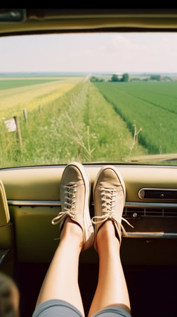 Generative AI : Woman relaxing in her car while driving in the countryside  Young cool girl with shoes out of the automobile window to enjoy the view in summertimeの素材
