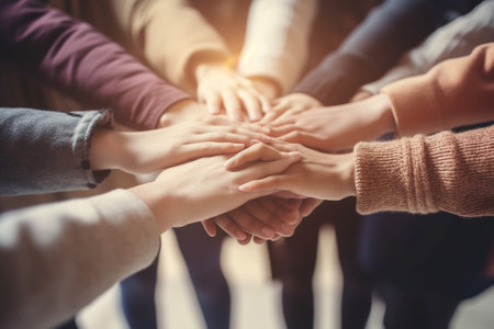 Generative AI : Multi ethnic young people team stacking hands together outside  International university students support and help each other  Friendship team building human relatiの素材