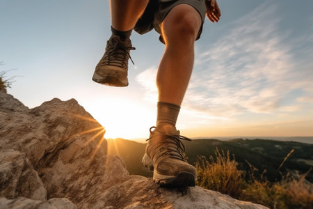 Generative AI : Hiker man jumping over the mountain Freedom risk success and challenge Focus on manの素材