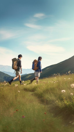 Generative AI : Men is hiking in the mountains walking on a grass Healthy lifestyle Caucasian peopleの素材