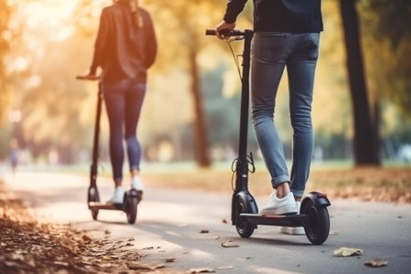 Generative AI : Portrait of couple in love kissing using electric scooter in the park  Millennial people riding new modern ecological service transportの素材