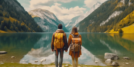 Generative AI : Romantic couple of adults visiting an alpine lake at Braies Italy Tourist in love spending loving moments on a mountains background Couple wanderlust and travel conの素材