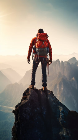 Generative AI : Successful man standing on the top of the mountain at sunset  Hiker with backpack extreme climbing  Sport success and inspirational conceptの素材